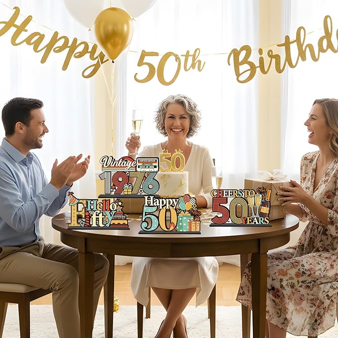 50th Birthday Decorations for Men Women - Colorful Vintage 1976 Fifty Birthday Wooden Centerpieces Table Decor, Cheers to 50 Years Old Bday Table Topper Sign Party Decor Supplies