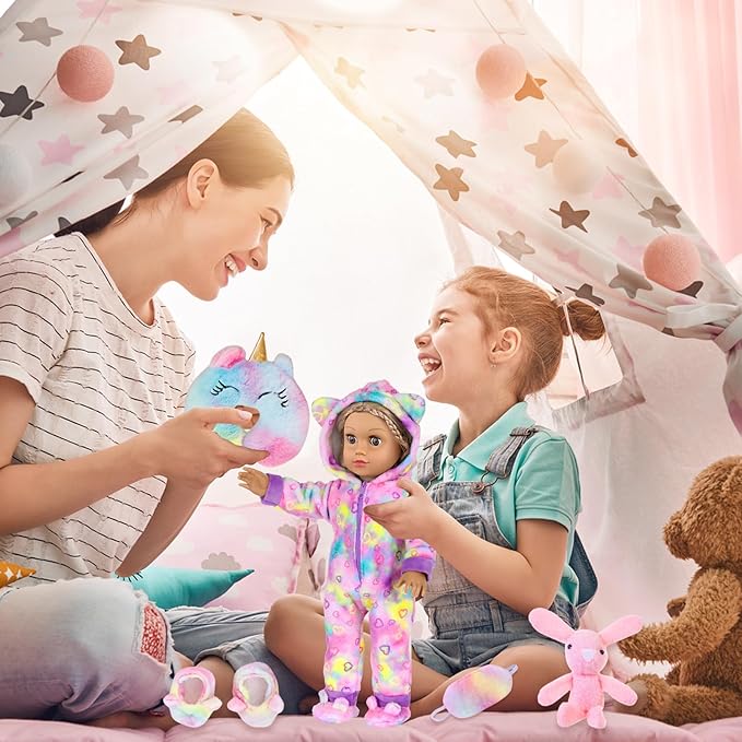 American 18" Doll Clothes and Sleep Bag Accessories,Sleepover Outfit Set Fits 18 Inch Dolls Include Rainbow Costume,Unicorn Style Pillow,Eye Mask,Shoes,Animal Toy Gifts for Girls (No Doll)