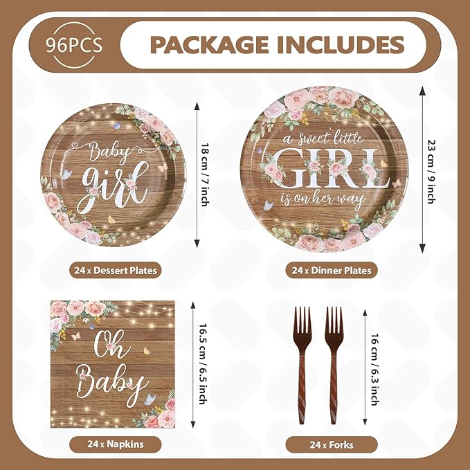 96 Pcs Rustic Girl Baby Shower Decorations Pink Floral Rustic Wood Paper Plates and Napkins A Sweet Little Girl Is on Her Way Tableware Set for Baby Shower Birthday Party Supplies