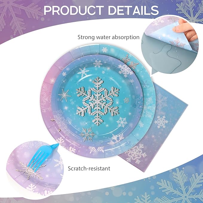 96Pcs Snowflake Plates and Napkins and Cups Kids Birthday Party Gradient Color Disposable Paper Plates for 24 Guests Picnic Baby Shower Tea Party Supplies