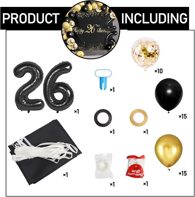 Happy 26th Birthday Balloons Black Set Decor - Cheers to 26 Years Old Party Theme Garland Banner Backdrop Decorations For Women and Men Supplies