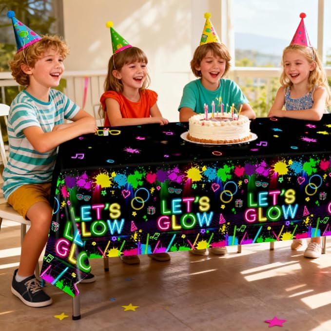 Oigco 3 Pcs Neon Tablecloth, Neon Party Decorations Let's Glow Table Cover for Birthday Glow in The Dark Party Supplies, 54 x 108 Inch