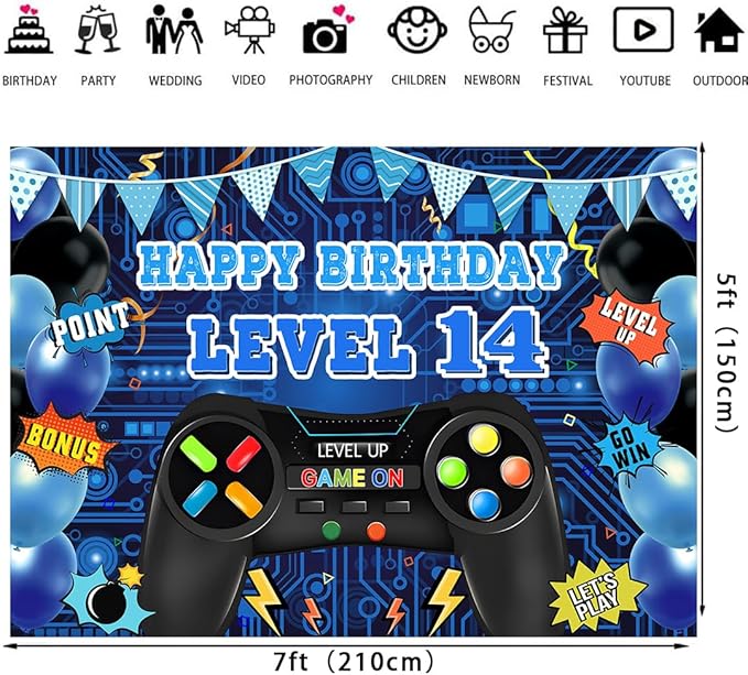 Game Theme Level 14 Birthday Backdrop Video Game Happy 14th Birthday Party Decorations Level Up Theme Boys Kids Birthday Party Supplies(7×5FT)