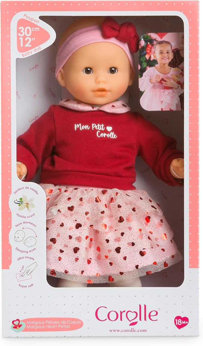 Corolle Margaux Petals - 12" Soft Boy Baby Doll with Vanilla Scent, Pink and Red Hearts Outfit & Sleeping Eyes for Girls Ages 18 Months+, Cute Reborn Realistic Baby Dolls for 2 Year Old Girls