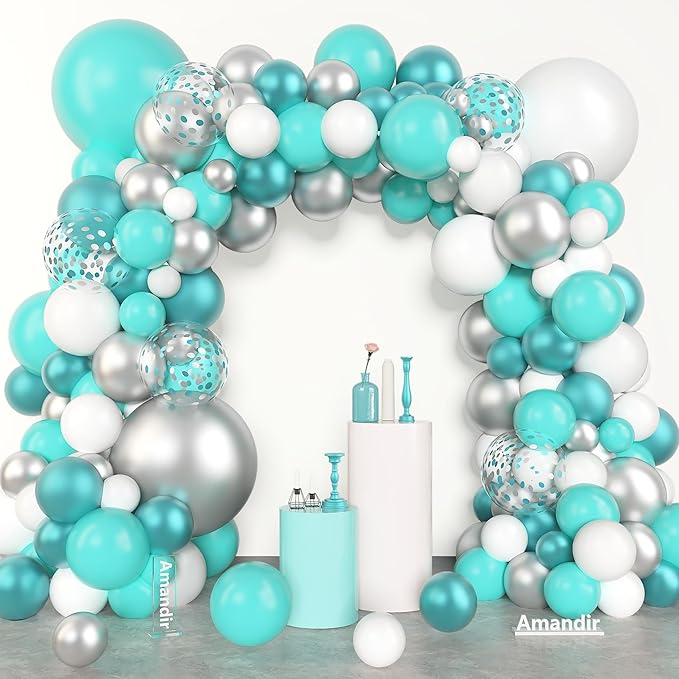 Amandir 153 Pcs Teal Balloons Arch Garland Kit, Different Sizes 18 12 10 5 Inch Teal Aqua Blue White Metallic Silver Green Confetti Turquoise Balloons Birthday Bridal Shower Wedding Party Decorations