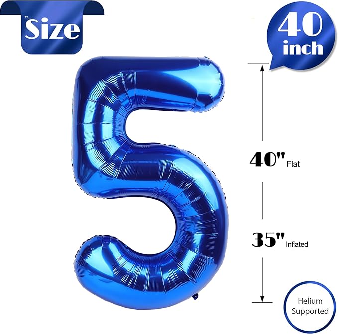 Navy Blue 5 Balloon, Number Balloon 40 Inch, Blue Party Supplies, 5th Birthday Balloon Decorations, 5 Number Balloons, Number 5 Balloon