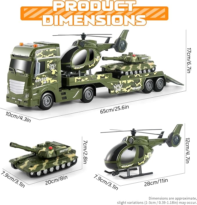 Green Military Large Truck Toys,21" Semi Army Truck Toy with Helicopters & Tank, Friction Powered Vehicles with Lights and Sounds,Christmas Birthday Gift for Kids Boys Girls Toddlers 3 4 5 6 7