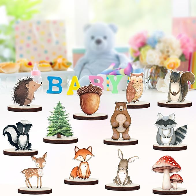 12 Pcs Painted Woodland Animals Wood Table Centerpieces Cutout Shapes Woodland Baby Shower Decorations Wild Creatures Wood Table Topper for Forest Camp Party Supplies