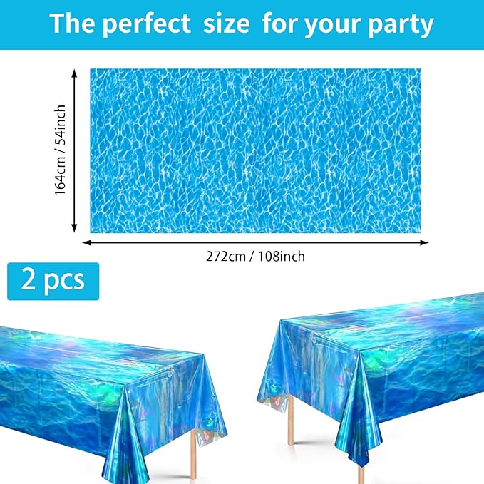 98 Pcs Ocean Themed Party Decor Birthday Ocean Bubble Plates Napkins Forks Tablecloths Disposable Ocean Blue Paper Tableware Set for Kids Boys Birthday Under the Sea Party Supplies Serves 24