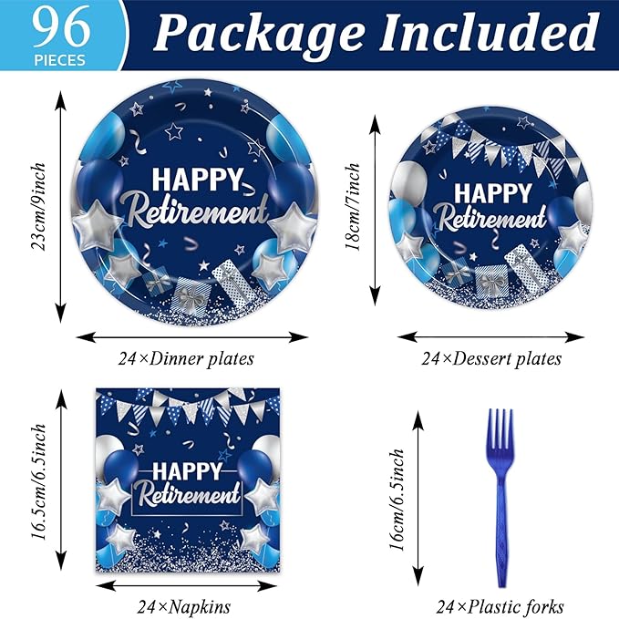 gisgfim 96 Pcs Retirement Plates and Napkins Party Supplies Paper Happy Retirement Party Tableware Set Blue Silver Decorations Favors for Men Women for 24 Guests