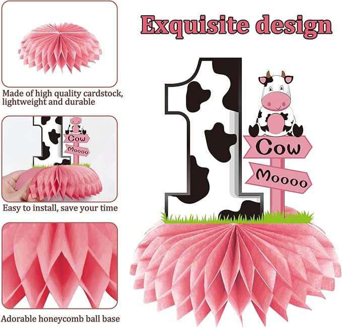 Holy Cow I'm One Birthday Decorations Girls, Cow First Birthday Honeycomb Centerpiece Party Supplies, Baby 1st Birthday Cow Themed Table Toppers Sign Decor