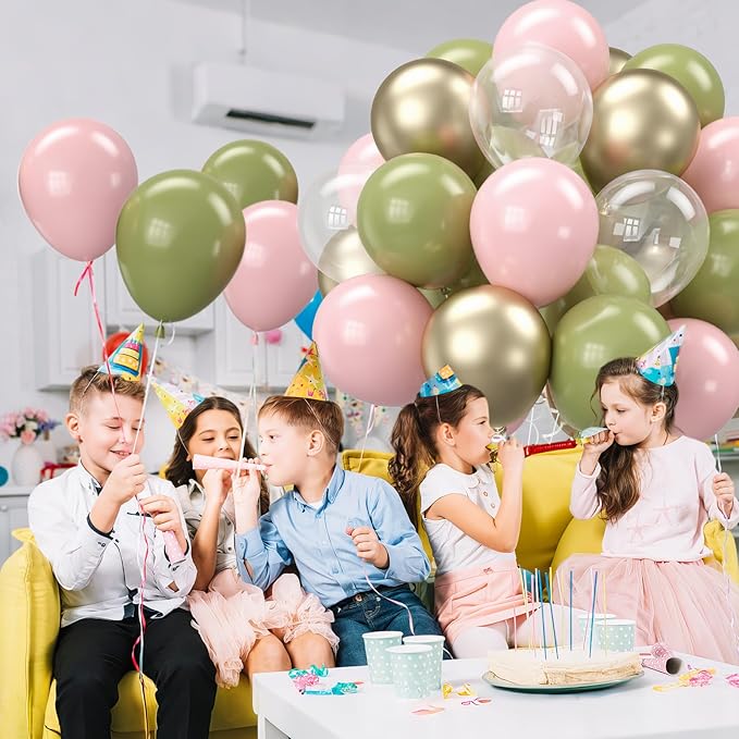 Retro Sage Green and Pink Balloons, 12 inch Metallic Gold Olive Green Pink Clear Latex Balloon for Jungle Safari, Christmas, Nutcracker, Woodland, Birthday Party Decoration