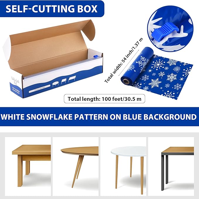 Kochorie 100 Ft x 54 Inch Blue Snowflake Tablecloth Roll with Cutter Box Christmas Themed Snowflake Printed Disposable Winter Backdrop Cut to Size Table Cover for Frozen Birthday Party Supplies