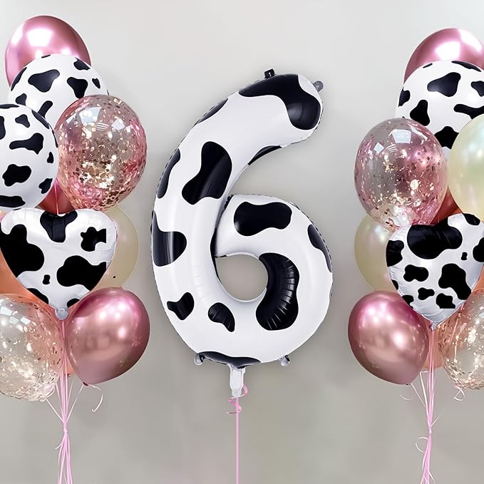Cow Print Number 6 Balloon, Large 40 Inch Cow Number Birthday Balloons, Foil Mylar Number 6 Balloons for 6 Year Old Birthday Party Decorations Supplies Animal Farm Cowboy Cowgirl Themed Party