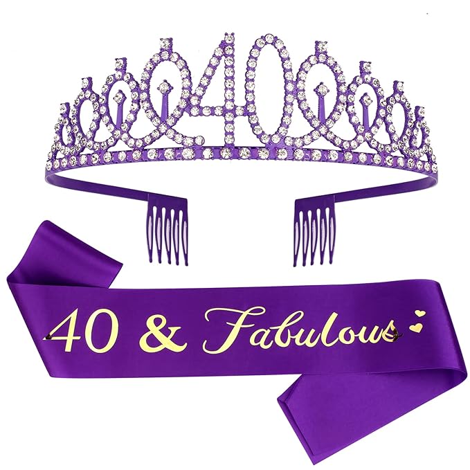 CIEHER Purple 40th Birthday Celebration Kit - 40th Birthday Sash and Tiara Set, Party Favors, Decorations and Cake Topper