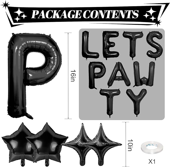 Lets Pawty Balloons Banner 16 Inch,Black Dog Birthday Decorations with 4pcs 10 Inch Star Balloons,Paw Foil Letter Balloon for Dogs Paw Pet Puppy Theme Party Supplies