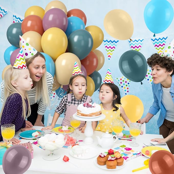 Colorful Balloons Boho Rainbow Latex Balloon Set, 50PCS 12Inch Retro Mustard Yellow Slate Blue Balloons Mixed Colored Balloon for Baby Shower Boho Safari Groovy Birthday