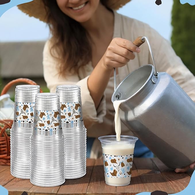 100 Pcs Western Plastic Cups 12 oz Clear Disposable Plastic Cowboy Cowgirl Drinking Cups Bulk for Boho Preppy Baby Shower Birthday Wild West Party Decoration Supplies(Cowboy,Brown and Blue)