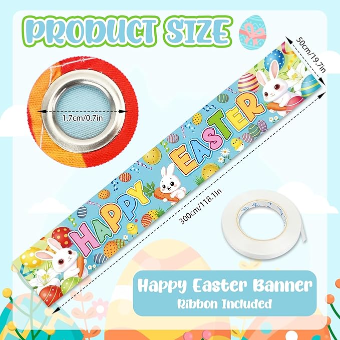 Happy Easter Banner 120x20 Inches, Easter Outdoor Decorations for Yard, Fence, Porch, Party, Durable Polyester Easter Bunting with Easy Hang Grommets for Indoor Outdoor Easter Party Supplies