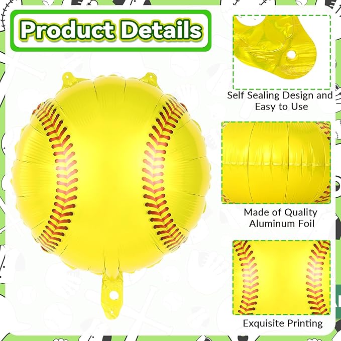 12 Pcs Yellow Baseball Balloons,18 Inch Baseball Party Foil Balloons,Sports Mylar Balloons Baseballs Birthday Decorations for Baseballs Party Sports Theme Party Supplies
