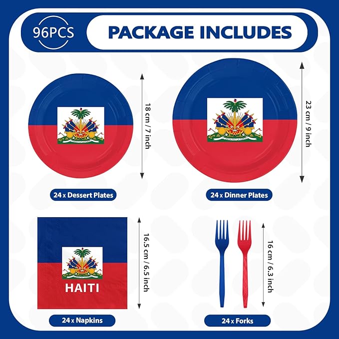 96Pcs Haitian Flag Party Decor Haiti Country Flag Plates and Napkins Haiti Theme Disposable Paper Tableware Set for Patriotic Festival School Sports Events Birthday Party Supplies Serves 24