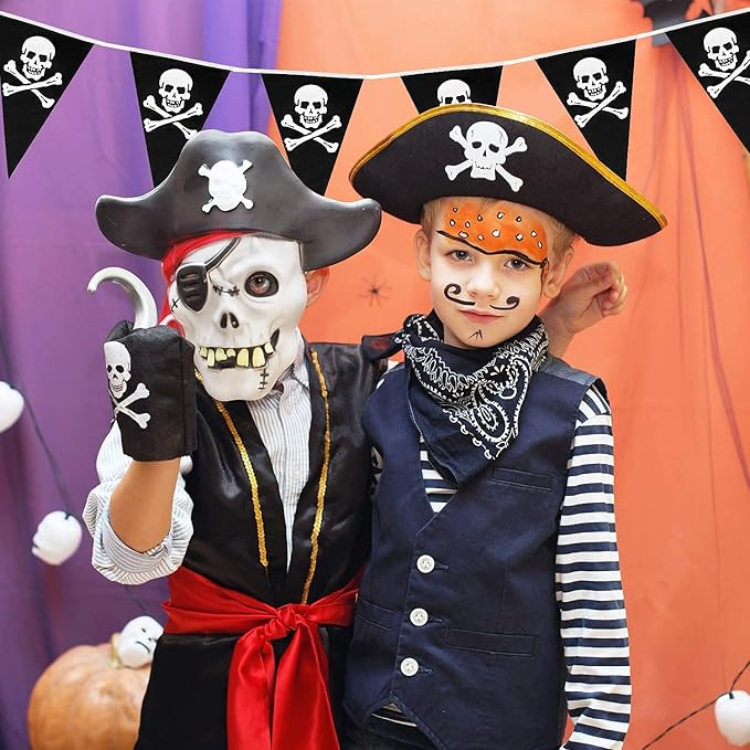 Tatuo 90 Pcs Pirate Banner Flag 99 ft Skull Pirate Party Decorations Birthday Jolly Roger Ship Triangle Pennant Bunting Decor for Gasparilla Celebration Indoor Outdoor Party Supplies