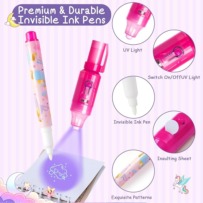 Invisible Ink Pen and Notebook Pack, 24 Pcs Unicorn Party Favors, Spy Pens with UV Light Magic Marker for Secret Message, Birthday Party Favors for Kids Boys Girls Classroom Prize Stationery Set