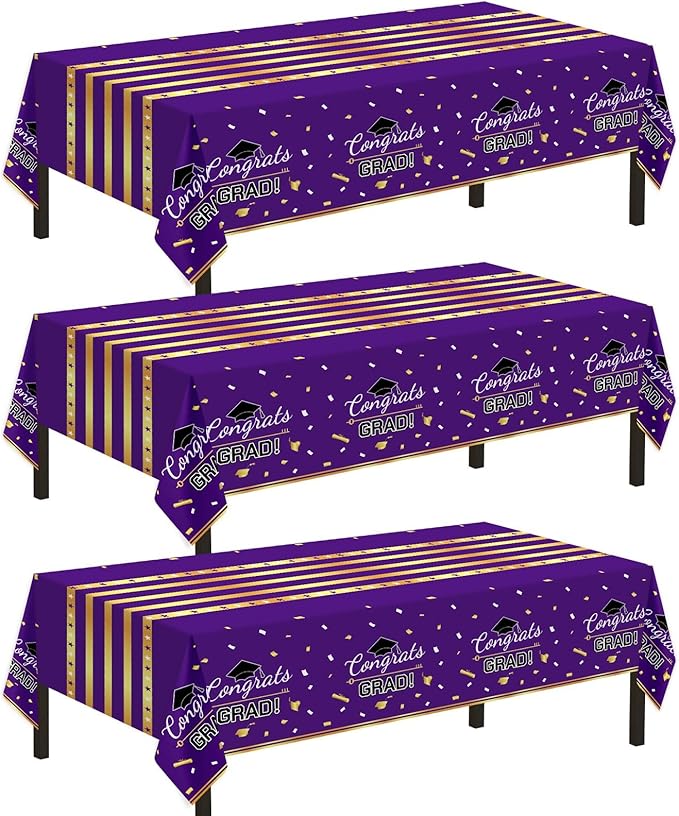 Childom 3 Pack Graduation Tablecloth,Graduation Decorations Class of 2026 Graduation Party Decorations,54"x108" Purple and Gold Plastic Table Cloth Disposable Rectangle for Home,School,Party Supplies