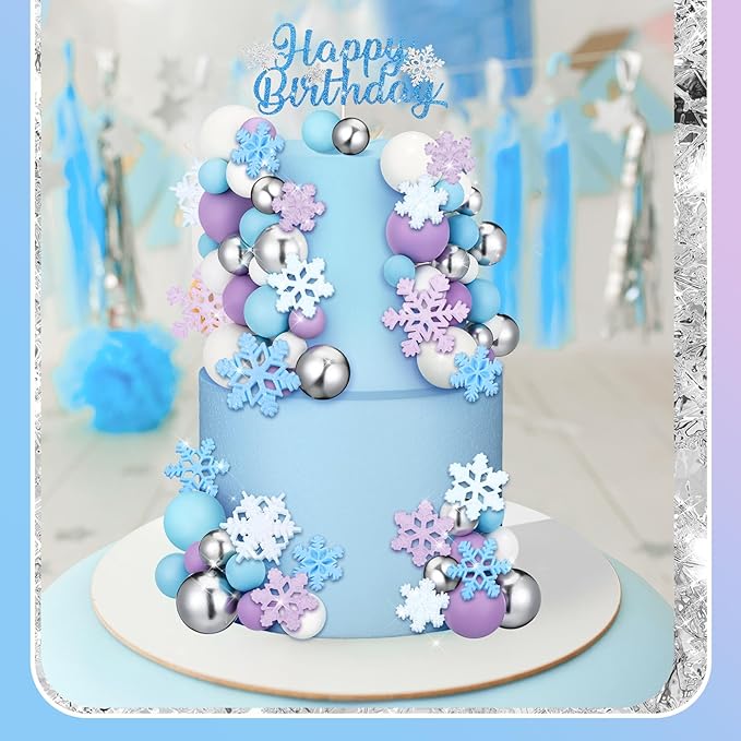 Tioncy 71 Pcs Snowflake Cake Toppers Set Multicolor Balls Blue Princess Happy Birthday Cake Topper Decorations for Winter Wonderland Birthday Snowflake Party Supplies