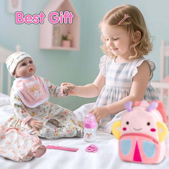 13 Pcs Reborn Baby Doll Clothes Pink Flower for 18-22 Inch Reborn Newborn Dolls Clothes Accessories Lovely Backpack Diapers Sets