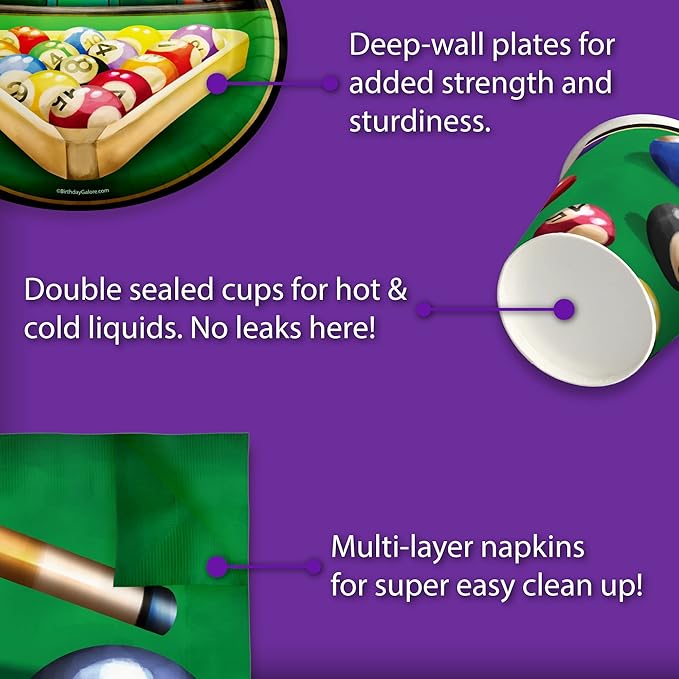 Billiards Party Supplies - Pool Table Plates and Napkins - Adult Birthday Supplies - Father's Day Tableware Set Includes Plates Napkins Cups - Kit for 16