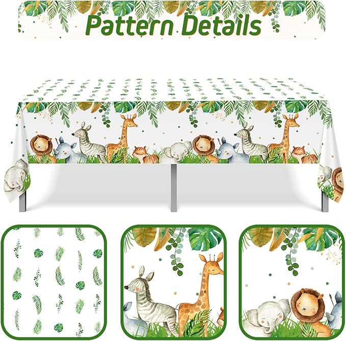 Jungle Safari Tablecloths,3Pcs Wild Animal Table Cover for Safari Baby Shower Decorations,Boys and Girl Birthday Party Sage Green Theme Party Supplies