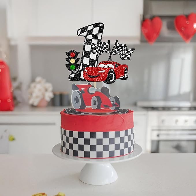 Gyufise 1Pc Car Cake Topper Race Car First Birthday Cake Decorations for Racing Car Checkered Flag Themed Kids Boy Girl Happy Birthday Party Supplies