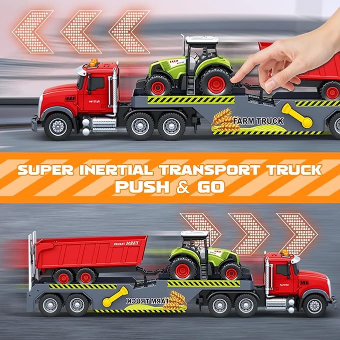 Large Flatbed 21" Semi Truck Toys for Kids with Tractor & Dump Truck,Friction Powered Vehicles Toys with Lights and Sounds,Christmas Birthday Gift Kids Boy Girls Toddlers Age 3 4 5 6 7