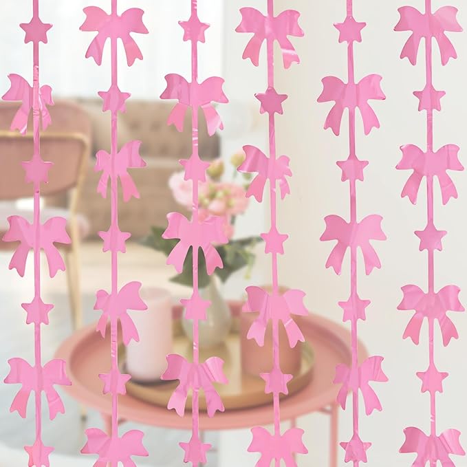Bow Party Decorations, 2 Pack Pink Coquette Birthday Party Supplies, 3.3 X 6.6 ft Foil Fringe Curtains, Pink Bow Photo Booth Props Backdrop for Girls, Baby Pink, Bridal Shower Party Decor
