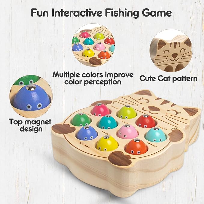 Fishing Game for Kids 3-5,Wooden Montessori Preschool Education Learning Hand-Eye Cognition & Fine Motor Skill Color Sorting Magnetic Fishing Toys Easter Basket Stuffers Gifts for Boys Girls