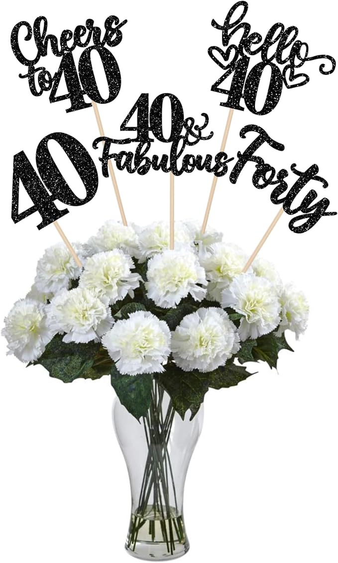 15PCS Happy 40th Birthday Centerpiece Sticks Hello 40 Cheers to 40 Birthday Table Flower Centerpieces Sticks Forty 40 Fabulous Floral Decorations for 40th Birthday Party Centerpieces Supplies Black