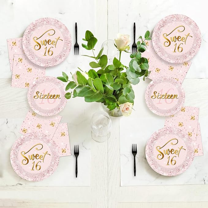 96 Pcs Rose Gold Sweet 16 Birthday Party Plates and Napkins Party Supplies Sixteen Birthday Party Tableware Set 16th Party Decorations Favors for Girls Birthday Serves 24