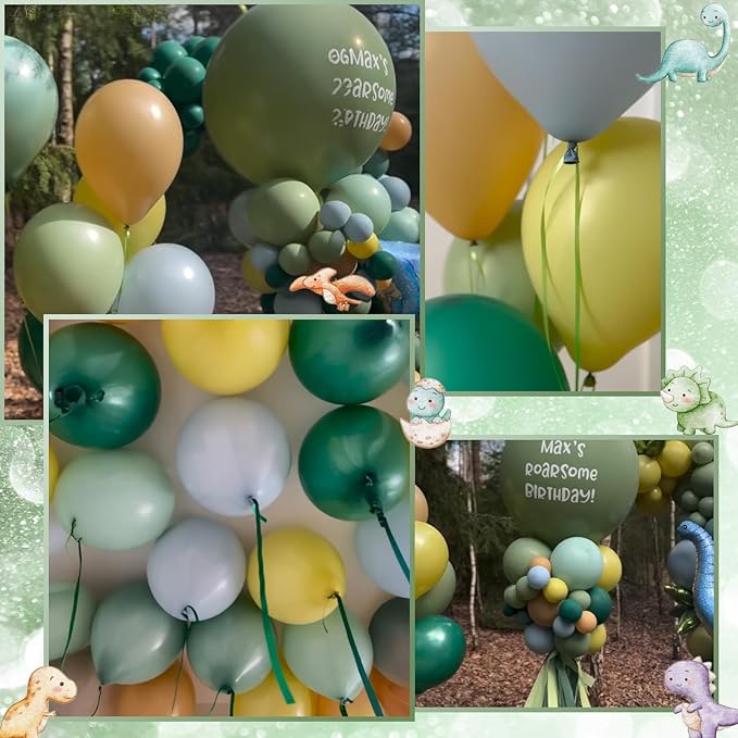 Blue Green Brown Balloons, 12 Inch Sage Pastel Green Balloon Dusty Blue Balloon for Dinosaur Woodland, Jungle Theme Birthday, Dino Baby Shower Decorations