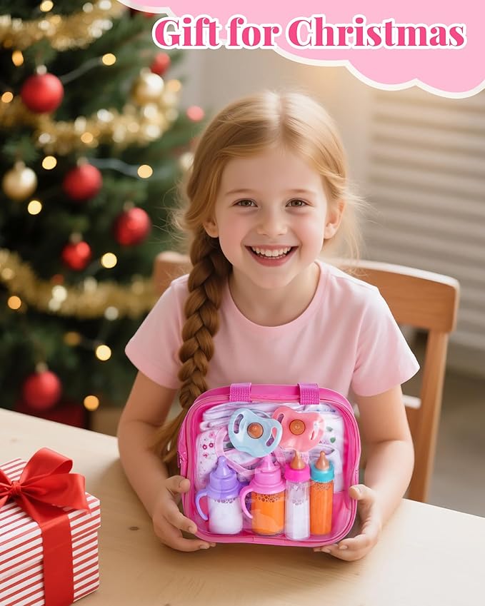 BABESIDE Baby Doll Accessories – 13 Pcs Feeding Set with Magic Bottles, Pacifiers, Bibs, Diapers & Carry Bag, Pretend Play Kit for 12–15 Inch Dolls