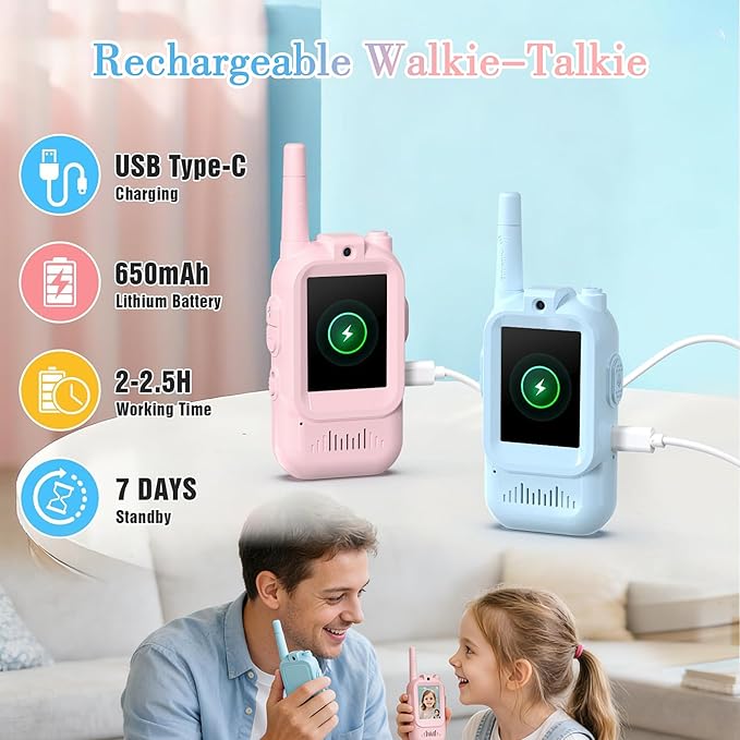 Video Walkie Talkies for Kids, Long Range Rechargeable Kids Walkie Talkies with Camera & Screen, 4 Voice Changer Real-Time Video Calls Toys, Birthday Gifts for Boys Girls Ages 3-12 (Blue+Pink)