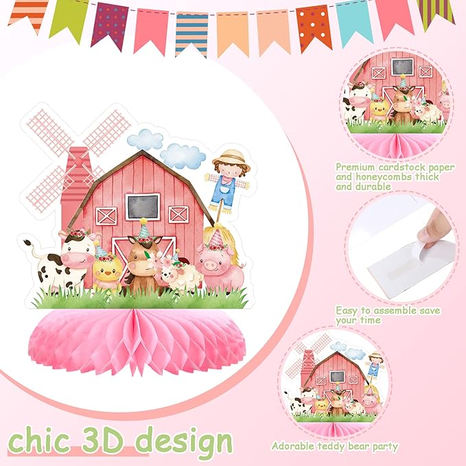 10 Pcs Pink Farm Animals birthday Party Supplies Girl Pink Barnyard Decorations Farm Animal Honeycomb Centerpiece for Table Baby Shower Party Decorations
