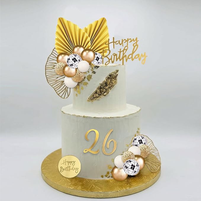 36Pcs White Gold Balls Cake Topper Decorations with Disco Balls Palm Ginkgo Leaves Acrylic Numbers 0-9 and Happy Birthday Cake Toppers for White Gold Theme Wedding Baby Shower Birthday Party Supplies