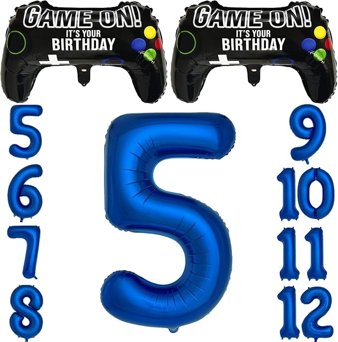 Navy Blue Video Game Party Supplies Boys 5th Birthday Party Decorations- 2 Packs Game On Balloons with Dark Blue Number 5 Balloon