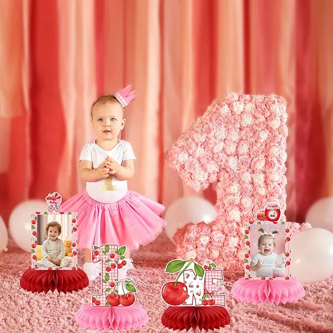 Cherry Birthday Decorations, Cherry Sweet One Party Decorations Honeycomb Centerpiece for Table, Cherries Photo Table Centerpiece for Fruit Girl Birthday Party Decor Supplies