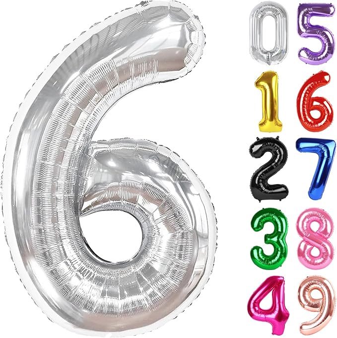 Silver Number 6 Balloon 40 Inch, 6th Birthday Party Decorations for Children, Giant 6 Foil Balloon for Party Supplies