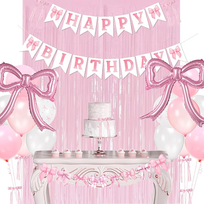 Pink Bow Party Decorations - Coquette Birthday Decorations Include Banner Pearl Pink White Printed Balloons Metallic Tinsel Foil Fringe Curtains Ribbon Bow Theme Supplies for Girls Bachelorette Decor