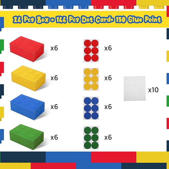 Leinuosen 24 Pieces Building Block Party Favor Boxes 4 Color DIY Brick Theme Gift Goodie Treat Candy Cardboard Paper Box for Building Block Birthday Party Baby Shower Decoration Supplies (Bright)