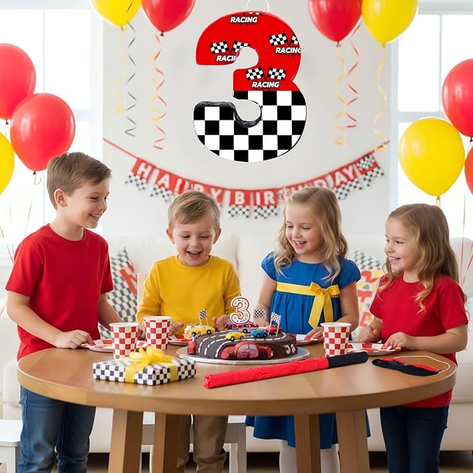 Red 3 Race Car Piñata Pull String Cars Piñatas for Birthday Party Decorations Number 2 3 4 5 6 with Blindfold Stick Small Red Black Racing Theme 2nd 3rd 4th 5th 6th Party Supplies