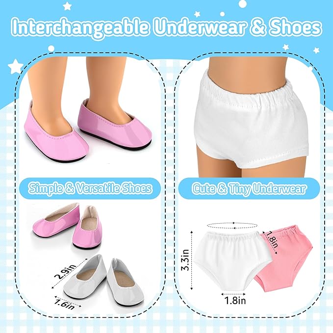 18 inch Doll Clothes and Accessories for American 18 Inch Dolls Girl Clothing Gift, 18Pcs Complete Set Clothing with Outfits, Dress, Shoes, Swimsuit, Underwear, Hat, Handbag, Clothes Hangers